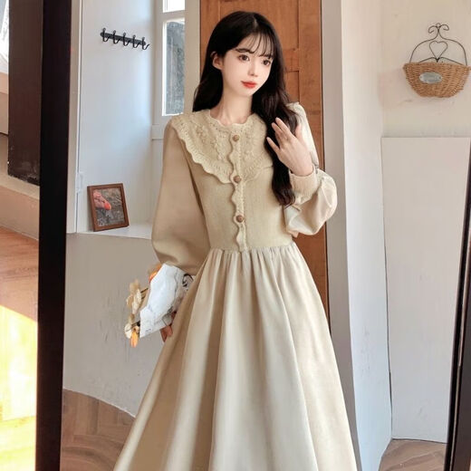 High school student adult dress women's winter 18-year-old graduation evening dress French gentle round neck knitted dress Apricot L Recommended 105-115 Jin Jin equals 0.5 kg