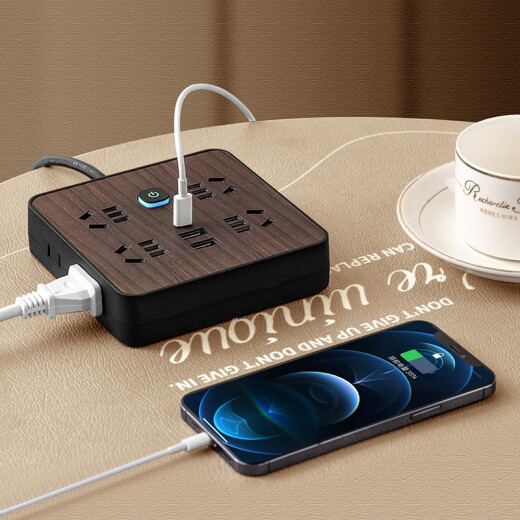 
Gongya wood grain storage cable socket USB plug-in multi-porous Type-C charging plug-in board with cable college dormitory plug-in board home office reel coil drag board 853 (5 plug-in without USB) short-term model