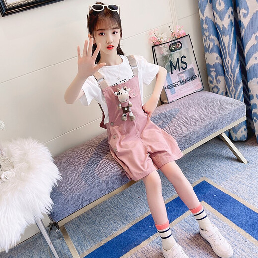 小咕嘟熊童装女童套装夏装中大儿童装休闲短袖两件套小女孩衣服背带裤服装 粉色 160