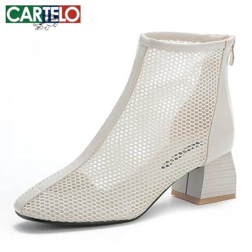 CARTELO 2024 new fashion mid-high heel mesh sandals hollow mesh boots versatile thick heel sandals for women summer breathable short boots off white 36