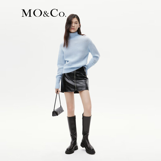 MO&Co. Rock style front zipper high waist knitted fabric base plain leather PU leather A-line short skirt skirt leather skirt Moanke black-2nd batch M 165