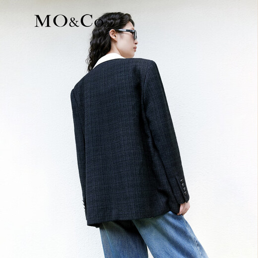 MO&Co.肌理感黑色西装权力外套中长款平驳领休闲西装外套摩安珂 黑色 S 160