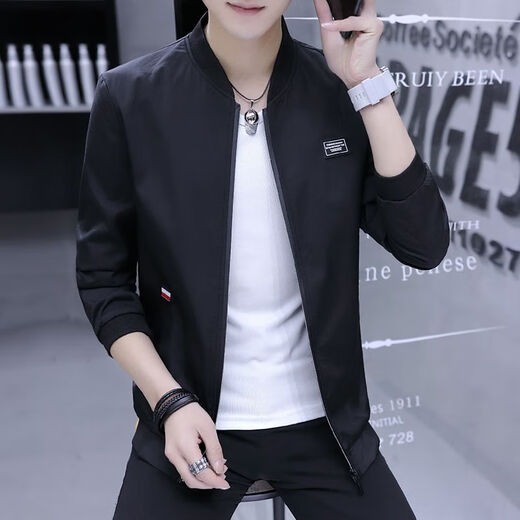 Yuejing Sheng plus velvet thickened jacket men's coat autumn and winter short top slim warm top trendy men's baseball uniform plus velvet thickening black L 100-115Jin Jin equals 0.5 kg wear