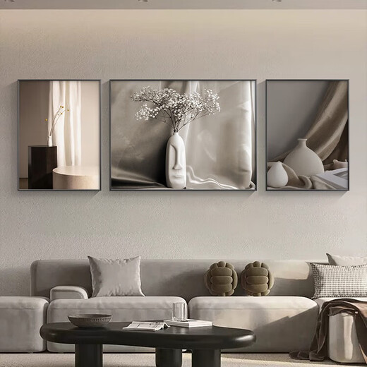Pinturas sensoriales, pinturas de decoración de sala de estar de lujo ligeras, murales de pared de fondo de sofá, pinturas modernas, atmosféricas y de alta gama artística, pinturas de tríptico, JD15054, izquierda y derecha 35*50, medio 70*50, adecuado para aproximadamente 2 metros, marco negro de aluminio de porcelana de cristal.