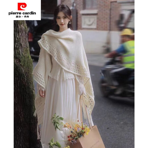 皮尔卡丹（pierre cardin）外套女秋冬旗袍披肩外搭慵懒麻花针织毛毛斗篷厚款加长款仿皮草外 米色---【绞花穿毛披肩】
