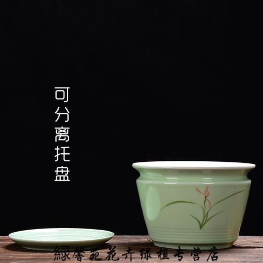 憶芗韩画青瓷多肉蝴蝶兰专用花盆带托盘号陶瓷简约吊兰绿植兰花盆 粉青719+托盘864 大