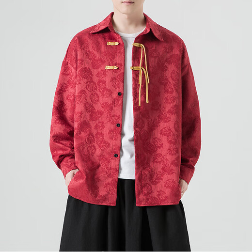 Bai Xu Teng Tang suit Hanfu jacquard leaf Chinese style improved new Chinese style 2025 spring and autumn new style plate button annual meeting long-sleeved shirt red L (recommended weight 120-135Jin Jin equals 0.5 kg)