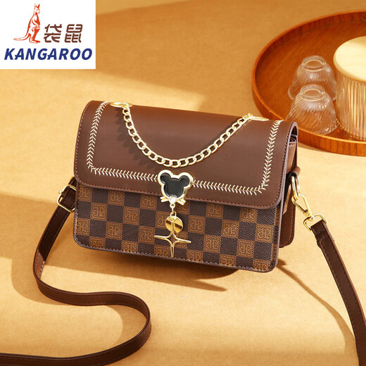 袋鼠（KANGAROO）斜挎包包女2025夏季新款小方包高级感生日礼物包包百搭单肩包女包 棋盘格-咖啡拼卡其