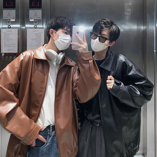 OEMG American motorcycle PU leather jacket for men and women in spring, autumn and winter handsome high street trendy loose couple jacket tops black regular style XL recommended 125-140 Jin Jin equals 0.5 kg