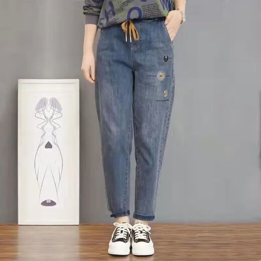 忆思减加绒高腰刺绣女士裤子春夏款2025年新款松紧柔软腰显瘦哈伦长裤子 9906款【绣字母】 L 建议115-125斤