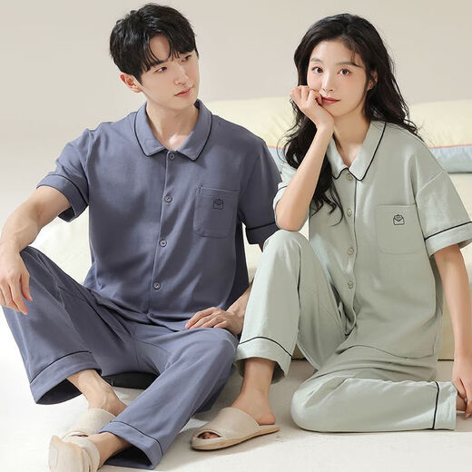 Manzhizhuang couple pajamas short-sleeved trousers for men cool pure cotton summer thin female parents can wear home clothes suit autumn 12605 single female L (recommended 100-120 Jin [Jin equals 0.5 kg])