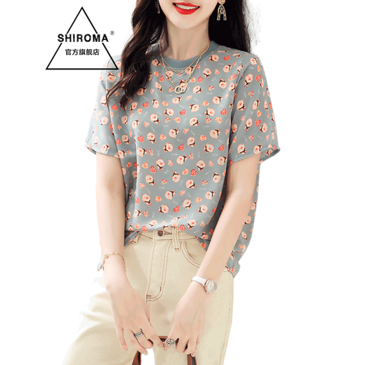 SHIROMA Summer T-shirt Women's Round Neck Printed Short Summer Wear New Year's New Floral Style Top Small Shirt Trendy Blue XL