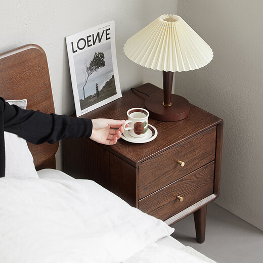 原始原素 实木床头柜 两抽北欧简约卧室橡木储物柜边柜 黑胡桃色 F8024
