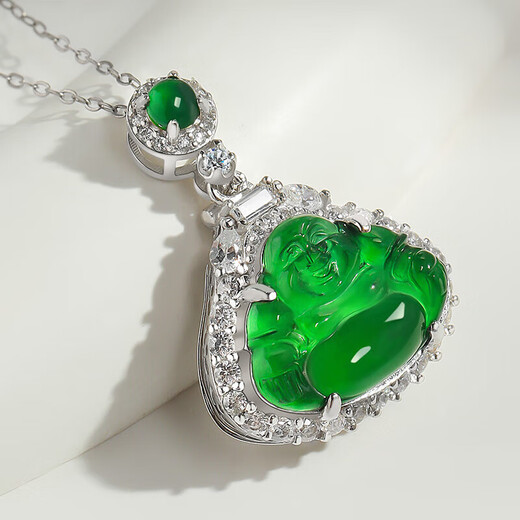 以心参玉【保价11.11】S925银镶翡翠佛公吊坠 银包镶弥勒佛女款玉坠