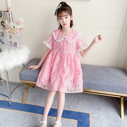 Mengmeng Island Children's Clothing Girls Dress Summer 2021 New Children's Princess Dress Korean Style Fashion 3-13 Years Old Little Girl Student Dress Pink 140 Size (Recommended Height 130 cm)