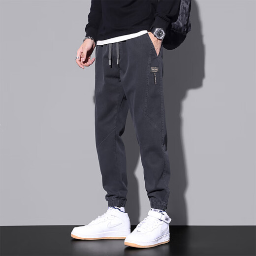 Woodpecker casual pants men's tying feet trendy workwear men's 2025 summer thin loose long pants 9859 black + 9859 gray M