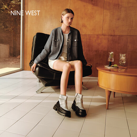 NINE WEST品牌雪地靴女银色防水2025冬新款圆头加绒厚底增高短靴女 黑/银(绒里) 34