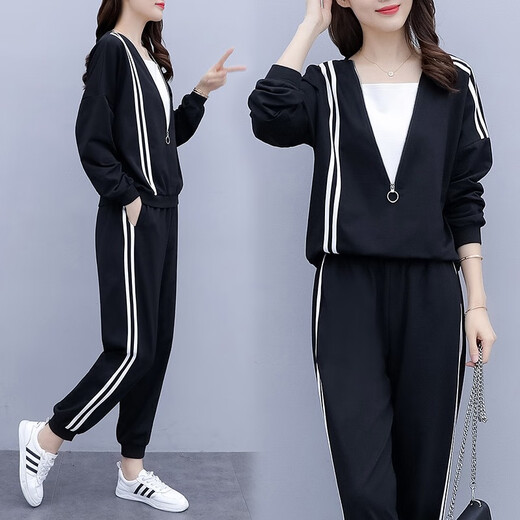 Zhidou dou dou dou dou dou dou dou dousize Frauen-Sommeranzug Sweatshirt Sportswear Leicht fett mm schlampig und versteckt Fleisch bedecken Bauch losen Mutteranzug zweiteiliger Set 693 Schwarzer Frühlings- und Herbststil regulär 5-fach einzelner Größe Jianyi 180-200jin [Jin gleich 0,5 kg]