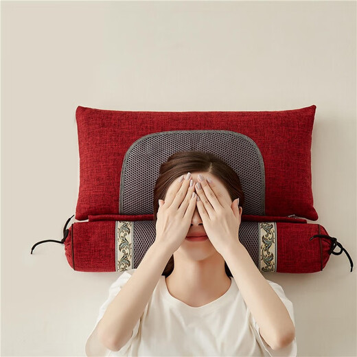 Qingmo Cylindrical Traction Neck Protection Pillow Round Pillow Pillow Core Electric Heating Vibration Traditional Chinese Medicine Mugwort Buckwheat Flowers and Grass Cervical Pillow Classical Red Basic Style - Buckwheat Combination Pillow