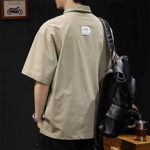 Gu Xiansen American short-sleeved T-shirt men's summer lapel polo T-shirt loose casual half-sleeved collared quick-drying top Brown L 130-145Jin Jin equals 0.5 kg