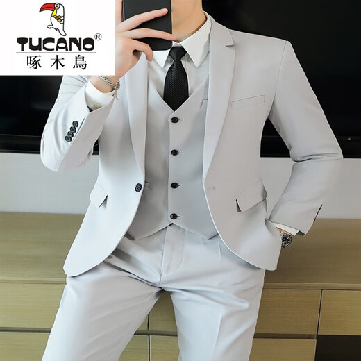 Woodpecker Casual Suit Suit Men's Korean Style Business Suit Three-piece Slim Wedding Groomsmen's and Groom's No-Iron Suit Jacket Two-button Navy Suit + Vest + Pants + Belt + Tie 5XL
