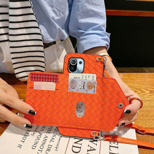 
AFAPU Simple Xiaomi 14/13/12/11 mobile phone case coin wallet braided crossbody strap card personalized creative leather women's small card bag card bag orange plaid braided pattern change card bag + crossbody lanyard Redmi K50pro exclusive
