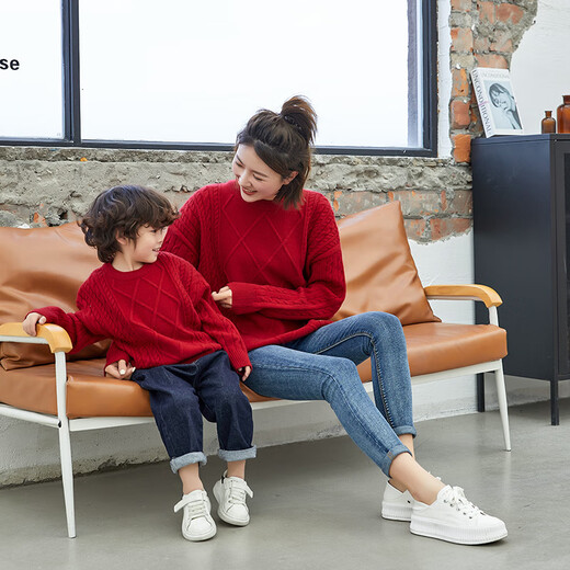 BUBBLE ORANGE parent-child autumn and winter sweater red festive New Year and Spring Festival sweater for a family of three and four to take photos as a family outfit burgundy family outfit L size for parents (recommended height 165-175cm)