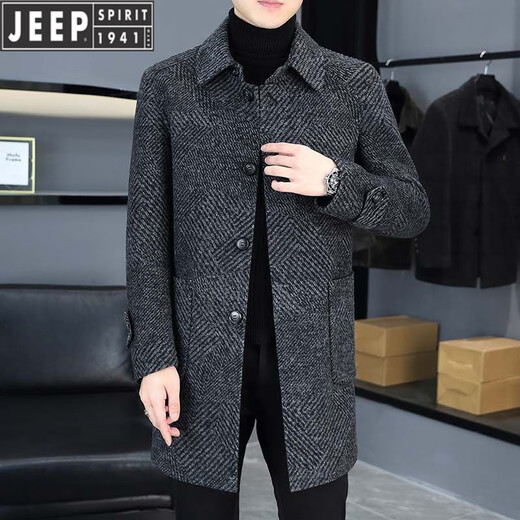 Jeep (JEEP) spring and autumn twill lapel double-sided tweed coat for men Korean style slim mid-length trench coat trendy main picture model [high quality] 2XL recommendation [150-170]