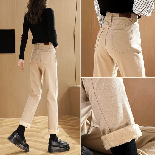 Star Eyebrows Baguette Women's Winter 2024 neue Samtjeans mit ganzjährig geradem breitem Khaki-Baumwollhosen verdickte Zigarette Khaki eine Schnalle [mit Velvet eingedickt] 13588 26 (80 bis 95 Jin [Jin gleich 0,5 kg]))