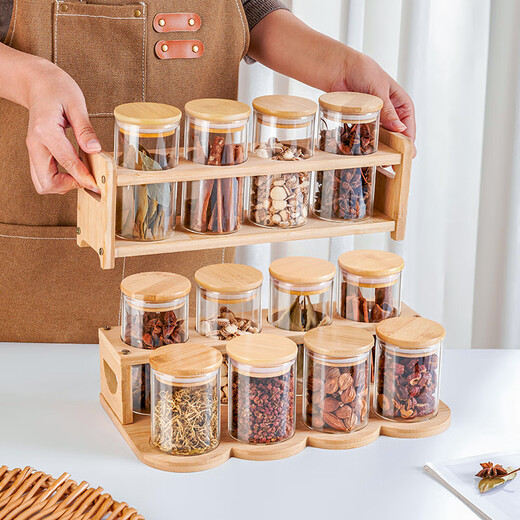 Zhenxiqi spice storage box combination set sealed jar glass kitchen household dried chili condiment sub-package seasoning bottle jar short model * 4 + tall model * 4 + storage rack