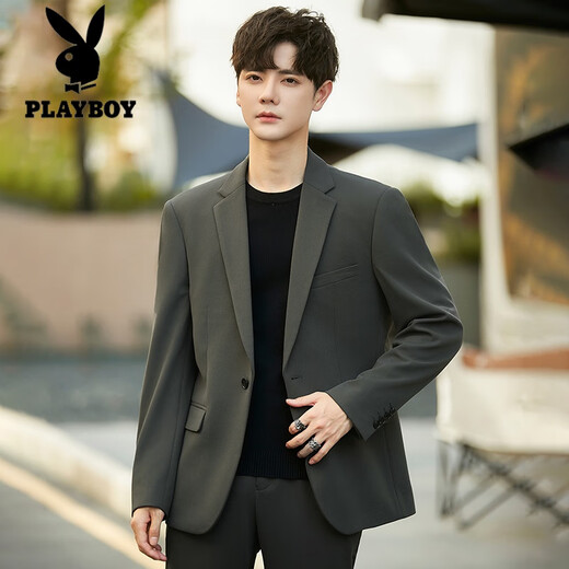 Playboy Casual Suit Jacket Men's Slim Fit Handsome Drape Small Suit Suit High-end Top Single-piece Formal Trend Gray Blue Suit (Coat + Pants) XL