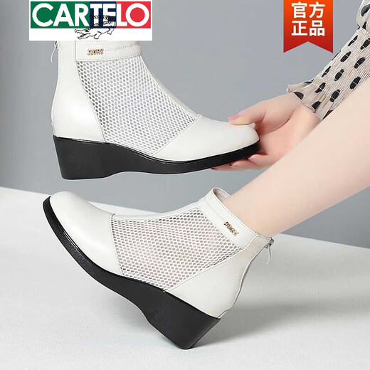 卡帝乐鳄鱼（CARTELO）2025春夏季真皮网靴女镂空中跟透气短靴百搭单靴坡跟凉鞋女 黑色 39