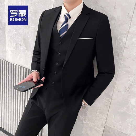 罗蒙西服套装男2025春季新款商务职业正装结婚礼服西服马甲三件套男 一粒黑色 3XL /185(建议155-170斤)