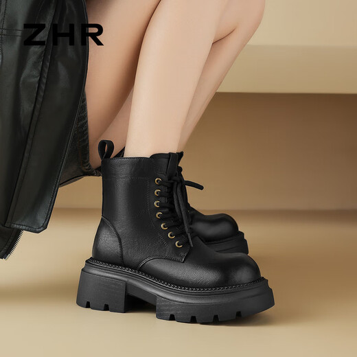 ZHR马丁靴女经典厚底增高短靴子女复古圆头东北厚绒女靴JF95B黑色36