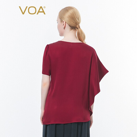 VOA silk heavy dark red round neck asymmetric short sleeve three-dimensional loose leaf elegant loose-leaf BE672 Floating red flowing elixir (H7) M