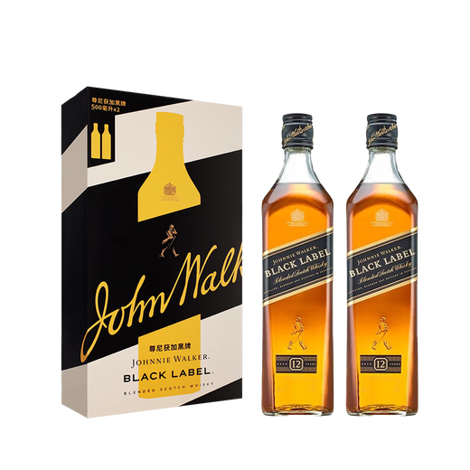 尊尼获加（JOHNNIE WALKER）洋酒 12年黑方黑牌双支礼盒装500ml*2瓶 苏格兰调和型威士忌