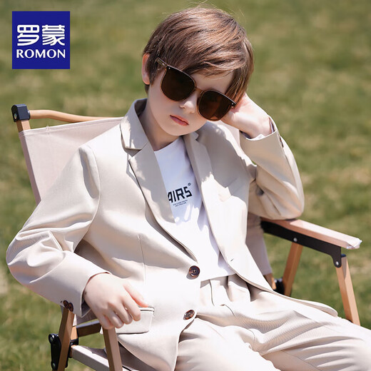 罗蒙男童英伦风礼服春秋款儿童休闲西装 米色 150