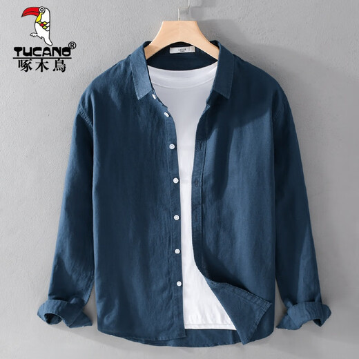 Holzspecker (Tucano) Baumwolle und Leinen lässige, einfarbige Farbe Großgröße Pendler Hemd Langarm Männer und Frauen gleiche Style Hemd Mode, vielseitige Kleidung Außen-Top Grey 9926 XL Gewicht 133-147