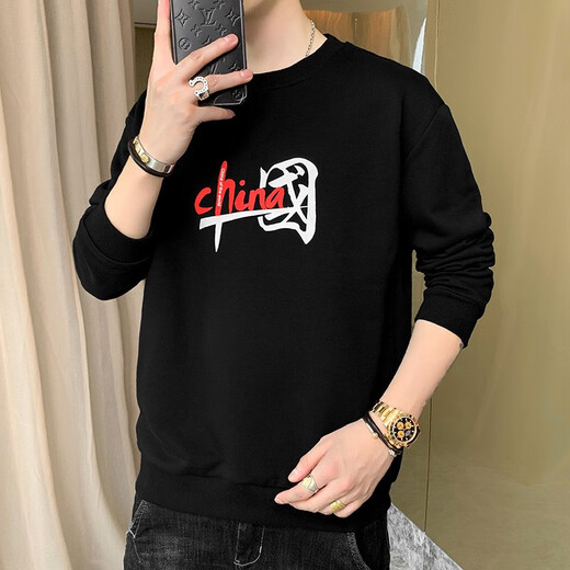 鳄鱼恤 CROCODILE 卫衣男春秋季中国风文字印花舒适圆领长袖T恤男休闲百搭男装上衣MYY  MYW107 黑色 2XL