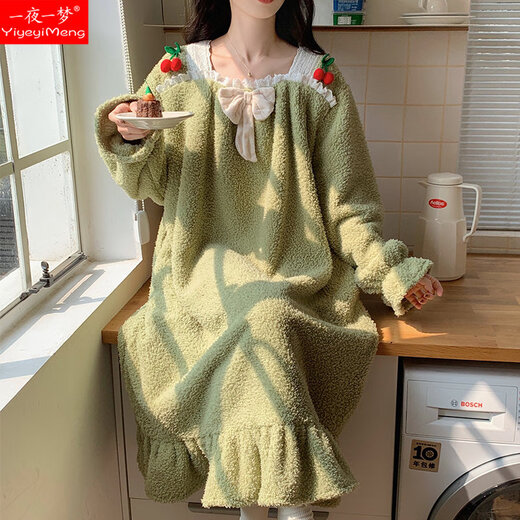 一夜一梦 珊瑚绒睡裙女长袖冬天加厚加绒甜美公主风秋冬款保暖法兰绒睡衣 691-2（绿色） M