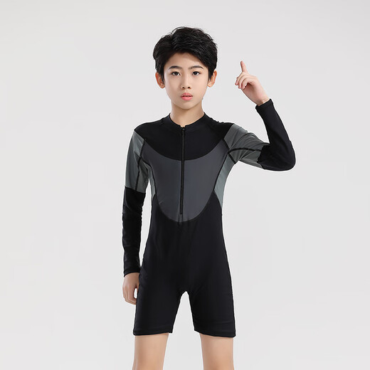Yosoci parent-child one-piece swimsuit boys wetsuit surf suit plus size father and son medium-sized children long-sleeved conservative hot spring plus size black (KYL2303 children) 2XL