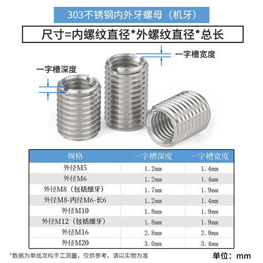 JINGGONG 303 stainless steel internal and external thread nut slotted thread conversion brace screw thread sheath inner diameter M2-M16 M16*M20-L22 (2 pieces)