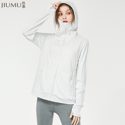 Jiumu women's sun protection clothing outdoor sunshade hooded face covering jacket spring and summer light and breathable sun protection clothing anti-UV sun protection shirt skin windbreaker YD002 angel white L size