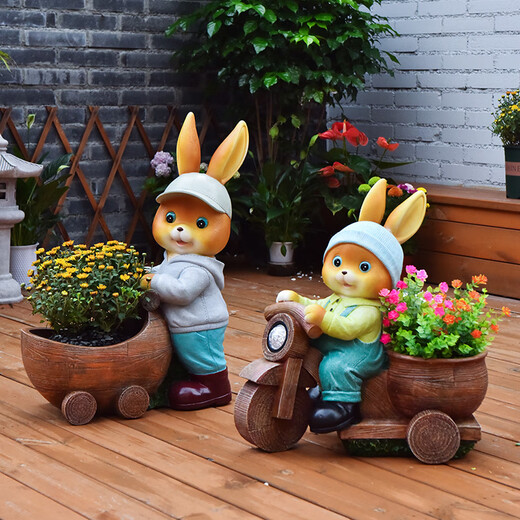 Yimingyuan Garden Decoration Courtyard Ornaments Outdoor Cartoon Rabbit Flower Pot Park Lawn Creative Simulation Animal Landscape Sculpture H20527+H20536