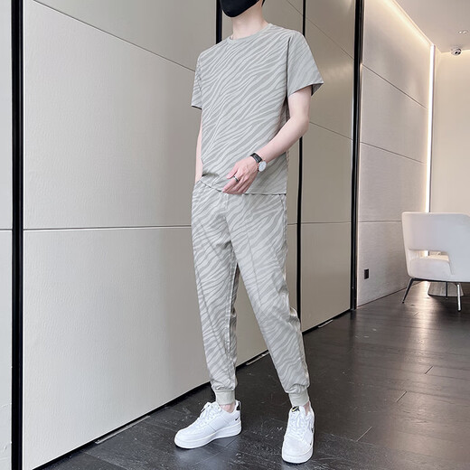 NASADKGM夏季冰丝短袖T恤运动套装男潮牌男装套装潮流休闲男夏天衣服夏装 719卡其(短袖+长裤) M (90-115斤)