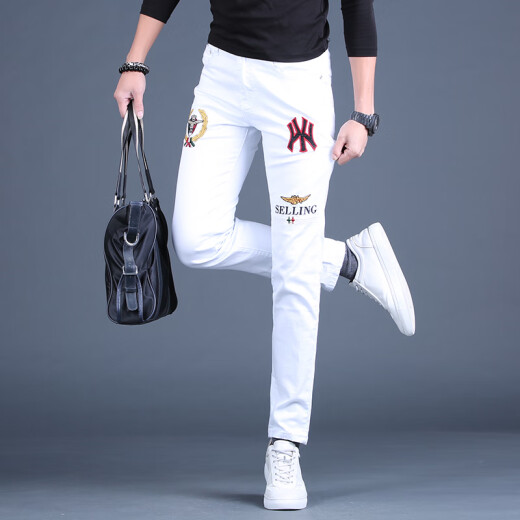 Ke jiehao 2025 Spring y verano Slim White White bordado Jeans de alta gama Los delgados pantalones de pies pequeños elásticos de moda y versátil tendencia casual 1315 Blanco 31