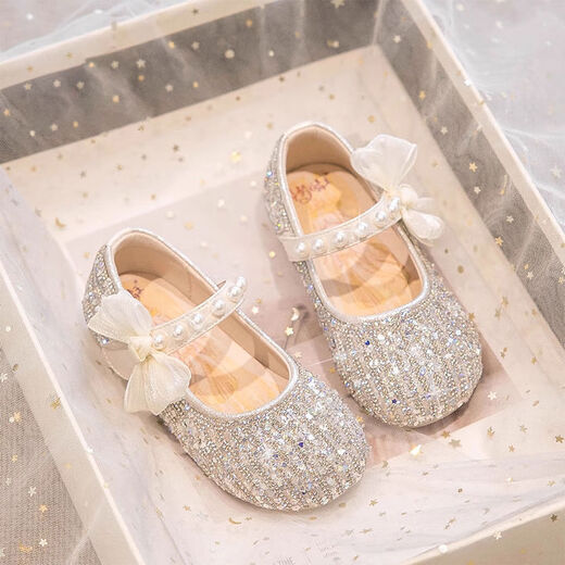 G.duck Girls Princess Shoes Spring Crystal Shoes Girls Shoes 2024 New Spring and Summer Soft Soled Single Shoes Girls Small Leather Shoes Beige Size 16.5 Inner Length 6.1