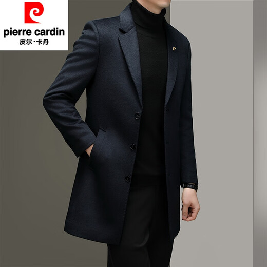 皮尔卡丹（pierre cardin）秋冬纯色双面绒大衣男中长款西服商务男士风衣羊毛呢子外套 藏青色826长款 170/M【建议100-125斤】