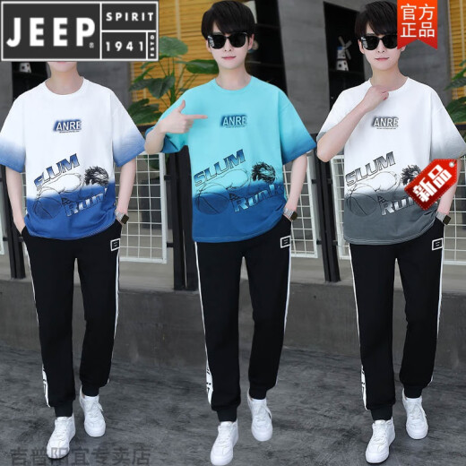 JEEP SPIRIT夏季青少年短袖t恤男孩少年衣服高中初中学生夏装帅气运动套装潮 白蓝色 套装TZ9226款 S【60-75斤】