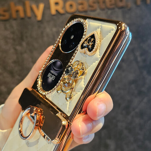 LENPY 澜品高档小香风小熊适用新款华为pocket2手机壳防摔全包p50pocket折叠屏pockets保护套高级感镶钻潮女 米白色+时尚小香风+铰链指环扣+爱心小熊+单壳 华为Pocket2